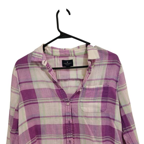 American Eagle Pink Plaid Long Sleeve Pocket Button Up Shirt Casual Top Small - Picture 3 of 11